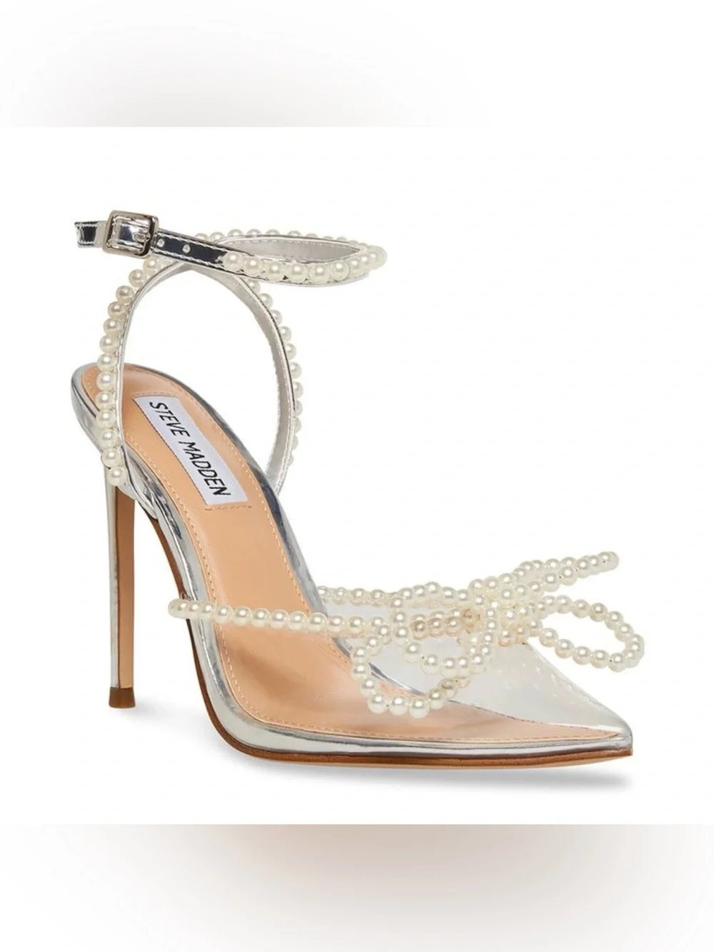 Steve Madden VIABLE Silver Pearl-Trimmed Ankle-Strap Sandals size 7 NWOT